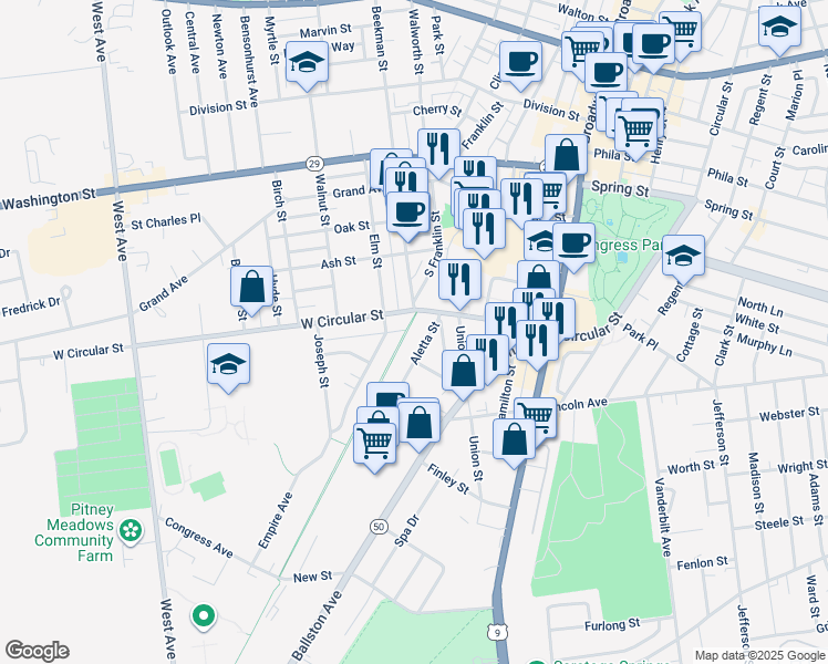 map of restaurants, bars, coffee shops, grocery stores, and more near 80 West Circular Street in Saratoga Springs