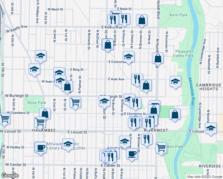 map of restaurants, bars, coffee shops, grocery stores, and more near 3131 North Booth Street in Milwaukee