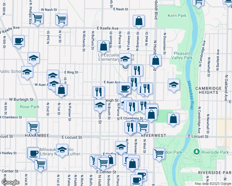 map of restaurants, bars, coffee shops, grocery stores, and more near 3131 North Pierce Street in Milwaukee