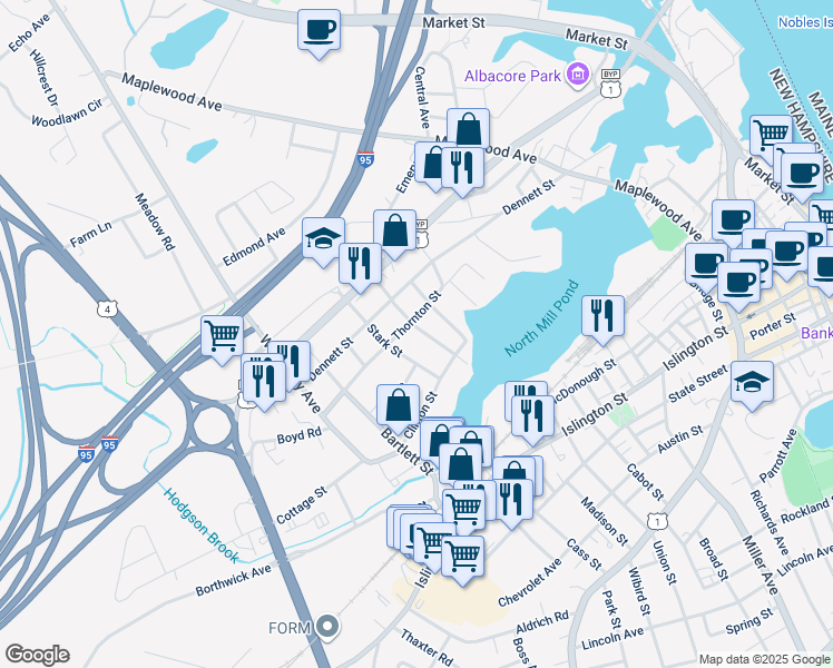 map of restaurants, bars, coffee shops, grocery stores, and more near 80 Burkitt Street in Portsmouth