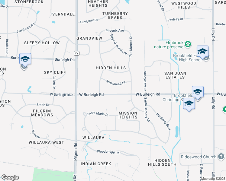 map of restaurants, bars, coffee shops, grocery stores, and more near 15130 West Burleigh Road in Brookfield