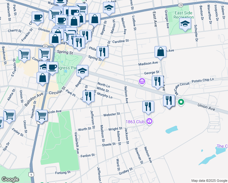 map of restaurants, bars, coffee shops, grocery stores, and more near 115 White Street in Saratoga Springs