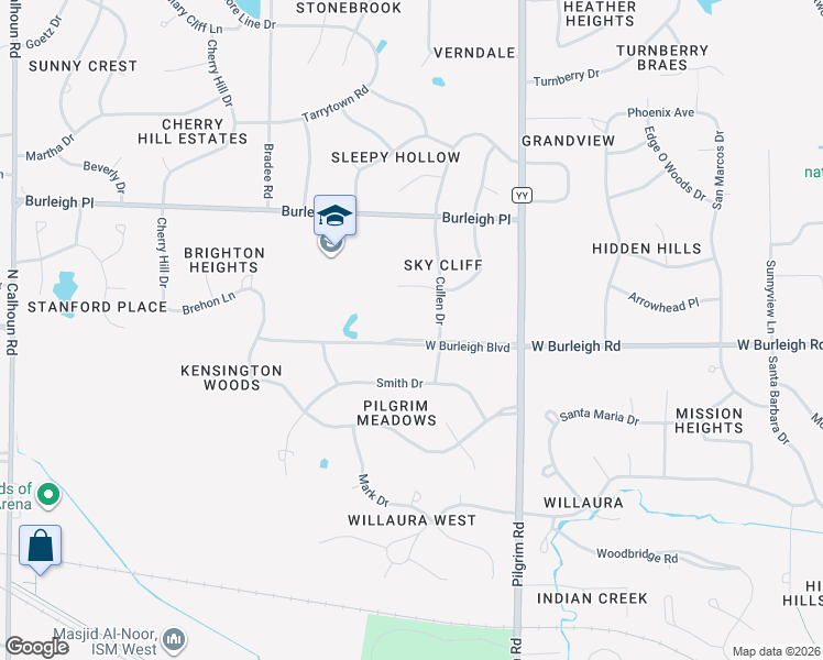 map of restaurants, bars, coffee shops, grocery stores, and more near 15900 West Burleigh Boulevard in Brookfield