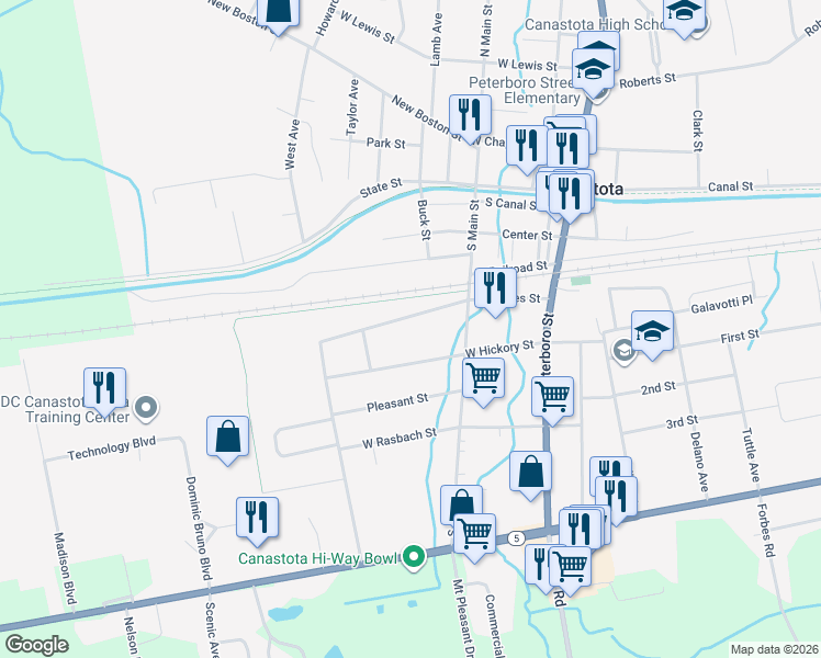 map of restaurants, bars, coffee shops, grocery stores, and more near 219 James St in Canastota