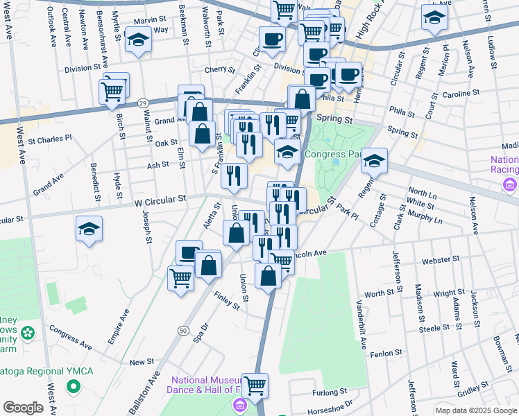 map of restaurants, bars, coffee shops, grocery stores, and more near 32 West Circular Street in Saratoga Springs