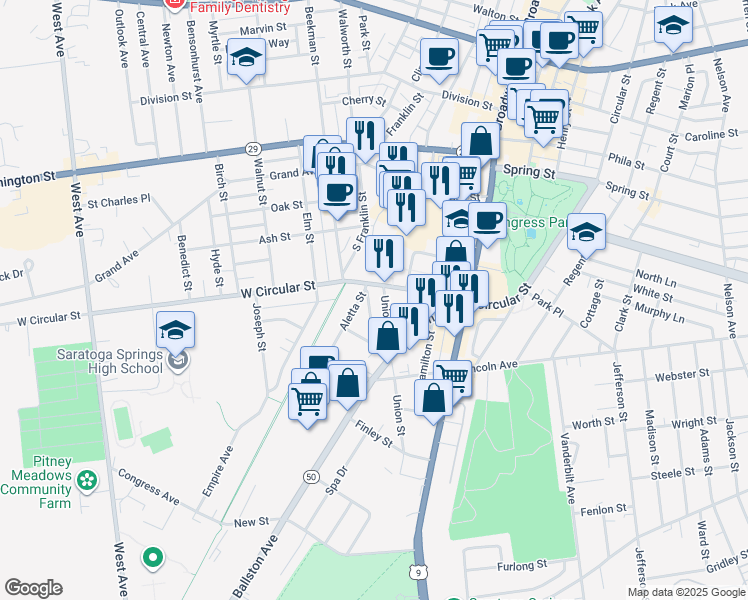 map of restaurants, bars, coffee shops, grocery stores, and more near 41 Union Street in Saratoga Springs