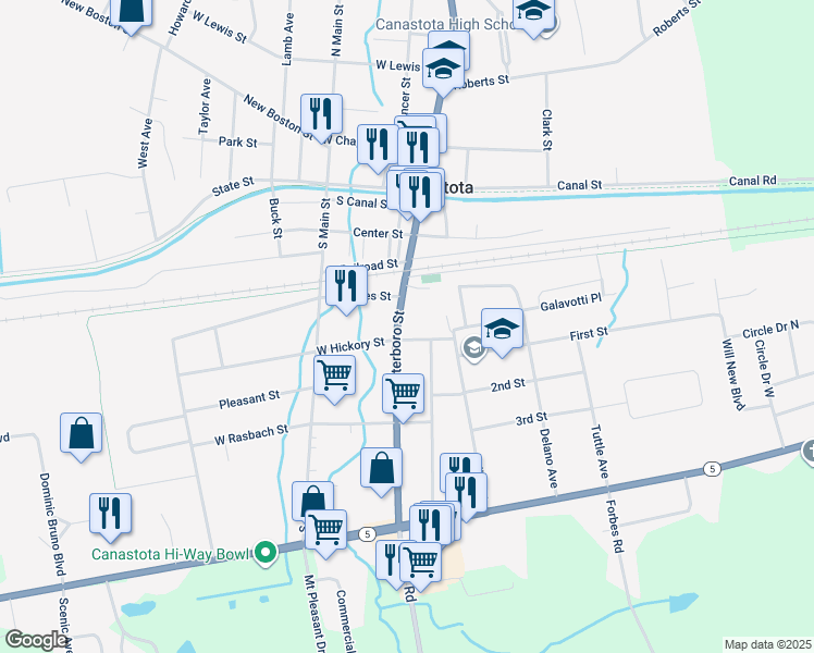 map of restaurants, bars, coffee shops, grocery stores, and more near 106 East Hickory Street in Canastota