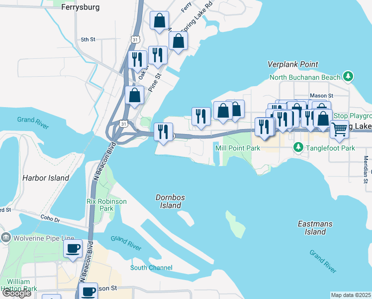 map of restaurants, bars, coffee shops, grocery stores, and more near 101 Millpoint Drive in Spring Lake