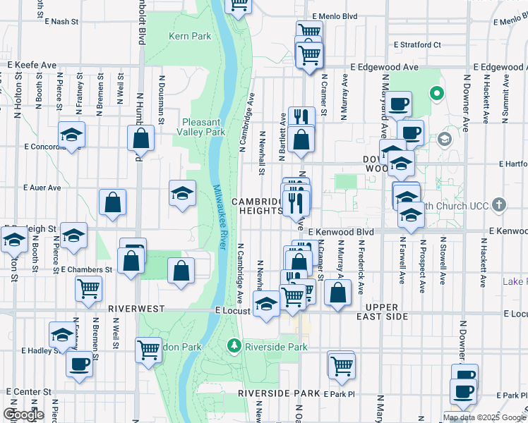 map of restaurants, bars, coffee shops, grocery stores, and more near 3135 North Bartlett Avenue in Milwaukee