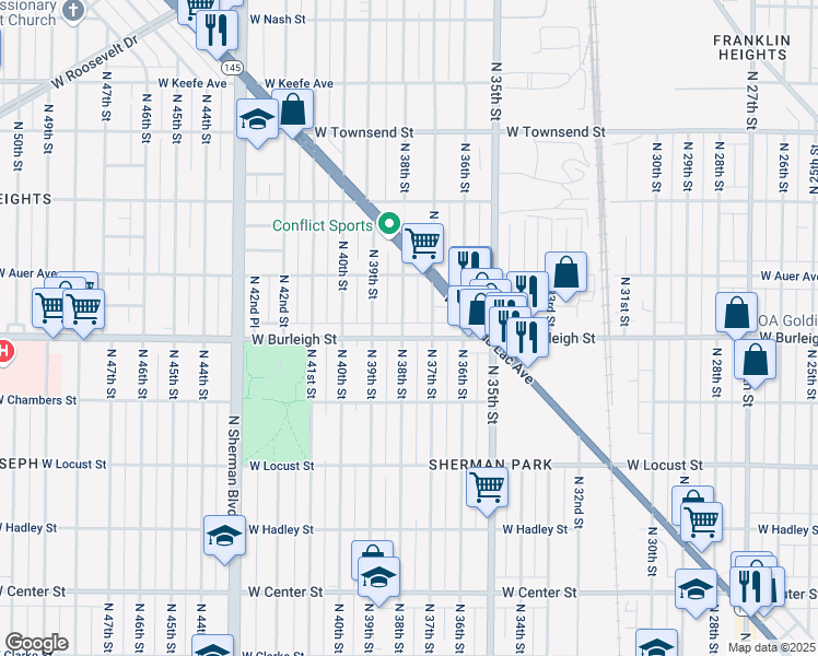map of restaurants, bars, coffee shops, grocery stores, and more near 3700 West Burleigh Street in Milwaukee