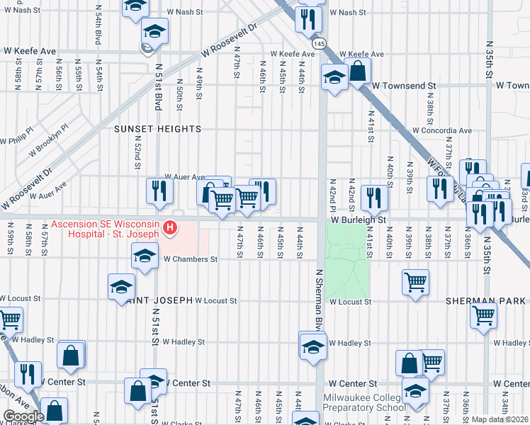 map of restaurants, bars, coffee shops, grocery stores, and more near 4518 West Burleigh Street in Milwaukee