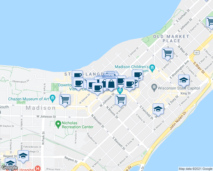 map of restaurants, bars, coffee shops, grocery stores, and more near 30 North Henry Street in Madison