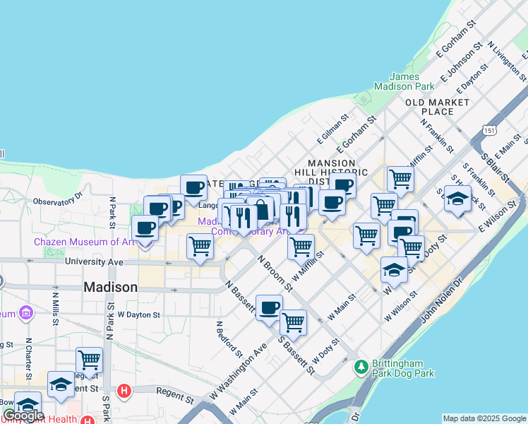 map of restaurants, bars, coffee shops, grocery stores, and more near 30 North Henry Street in Madison