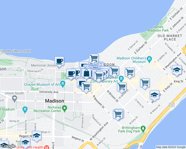 map of restaurants, bars, coffee shops, grocery stores, and more near 247 Langdon Street in Madison