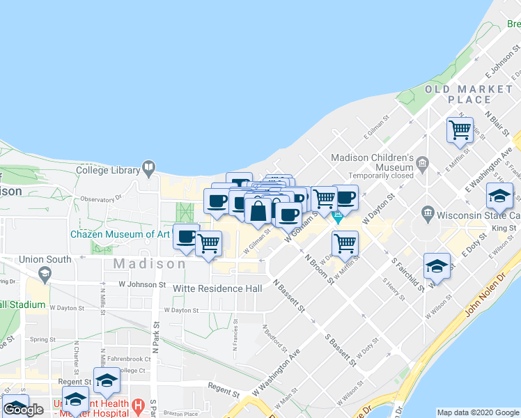 map of restaurants, bars, coffee shops, grocery stores, and more near 247 Langdon Street in Madison