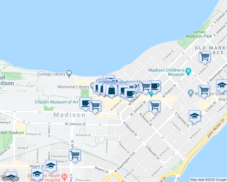 map of restaurants, bars, coffee shops, grocery stores, and more near in Madison