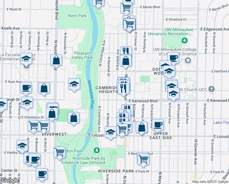 map of restaurants, bars, coffee shops, grocery stores, and more near 3135 North Bartlett Avenue in Milwaukee