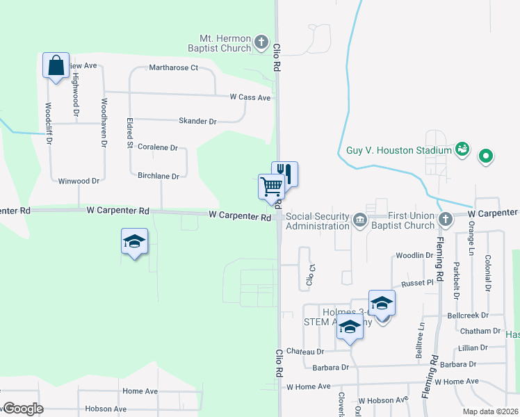 map of restaurants, bars, coffee shops, grocery stores, and more near 3032 West Carpenter Road in Flint
