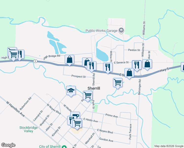 map of restaurants, bars, coffee shops, grocery stores, and more near 145 Sherrill Road in Sherrill