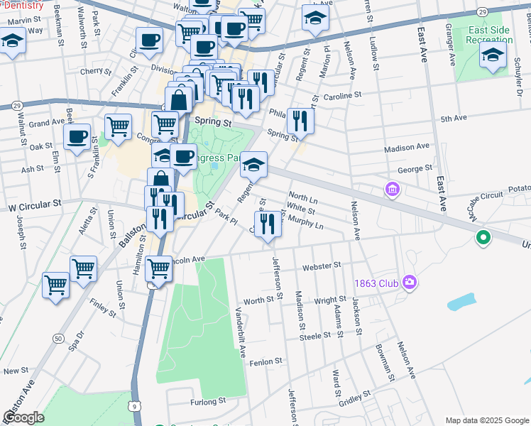 map of restaurants, bars, coffee shops, grocery stores, and more near 18 Cottage Street in Saratoga Springs