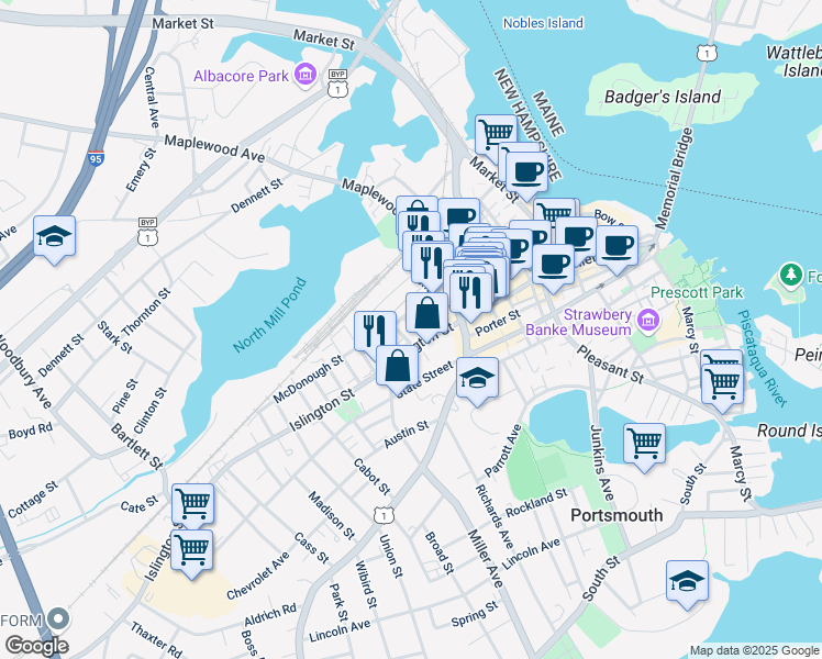 map of restaurants, bars, coffee shops, grocery stores, and more near 30 Parker Street in Portsmouth