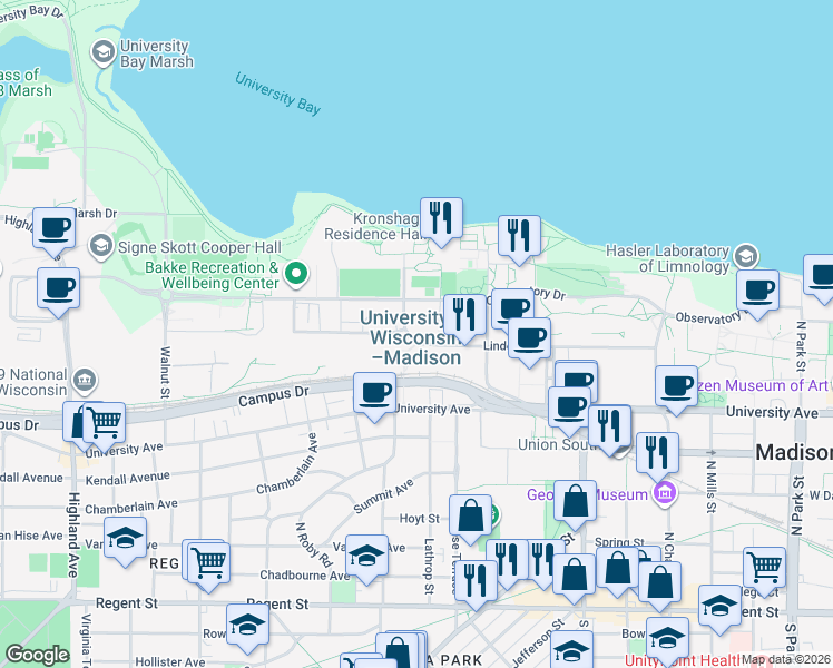 map of restaurants, bars, coffee shops, grocery stores, and more near 500 Lincoln Drive in Madison