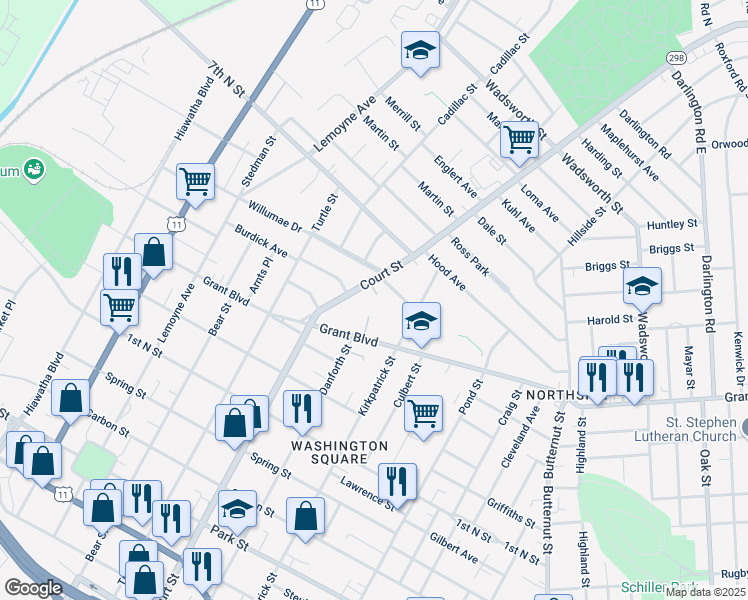 map of restaurants, bars, coffee shops, grocery stores, and more near 1124 Court Street in Syracuse