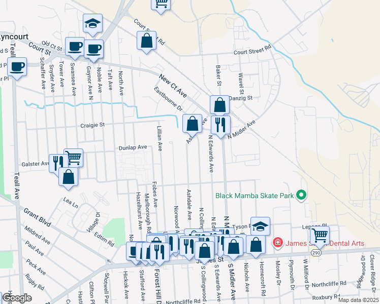 map of restaurants, bars, coffee shops, grocery stores, and more near 368 Ashdale Avenue in Syracuse