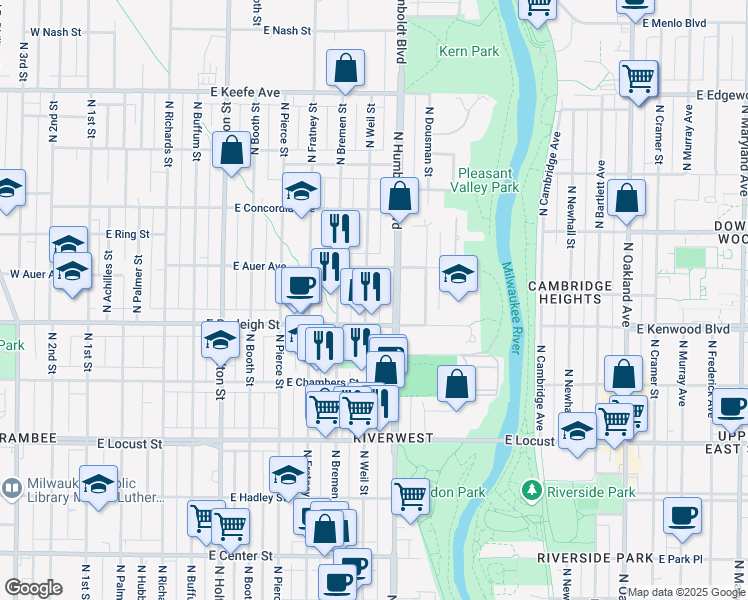 map of restaurants, bars, coffee shops, grocery stores, and more near 3132 North Weil Street in Milwaukee