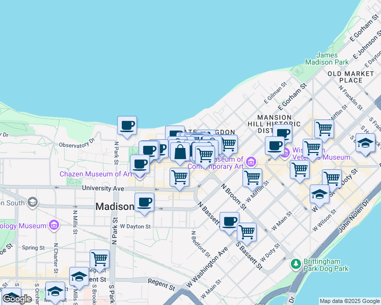 map of restaurants, bars, coffee shops, grocery stores, and more near 251 Langdon Street in Madison