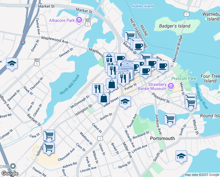 map of restaurants, bars, coffee shops, grocery stores, and more near 51 Islington Street in Portsmouth