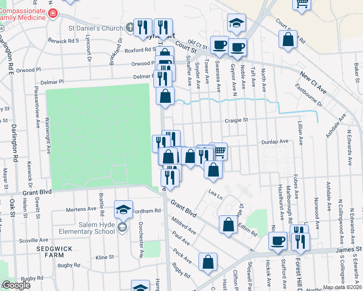 map of restaurants, bars, coffee shops, grocery stores, and more near 206 Leighton Avenue in Syracuse