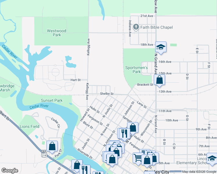 map of restaurants, bars, coffee shops, grocery stores, and more near 1207 Fisher Street in Charles City