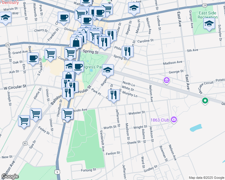 map of restaurants, bars, coffee shops, grocery stores, and more near 18 Cottage Street in Saratoga Springs