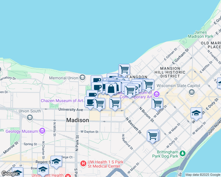 map of restaurants, bars, coffee shops, grocery stores, and more near 611 Langdon Street in Madison