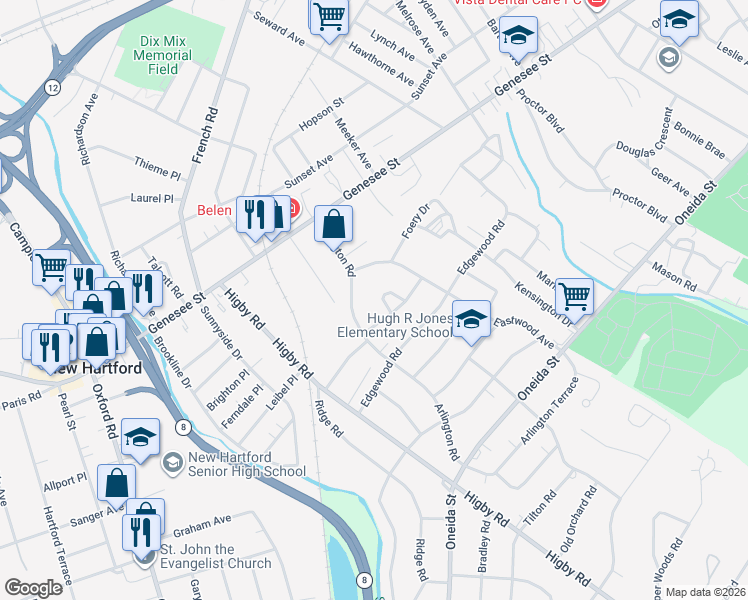 map of restaurants, bars, coffee shops, grocery stores, and more near 2620 Crestway in Utica