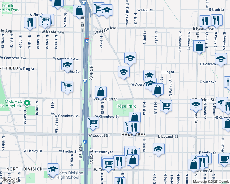 map of restaurants, bars, coffee shops, grocery stores, and more near 3130 North 5th Street in Milwaukee
