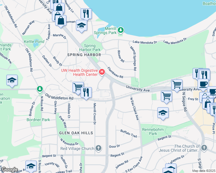 map of restaurants, bars, coffee shops, grocery stores, and more near 5102 Silvertree Run in Madison