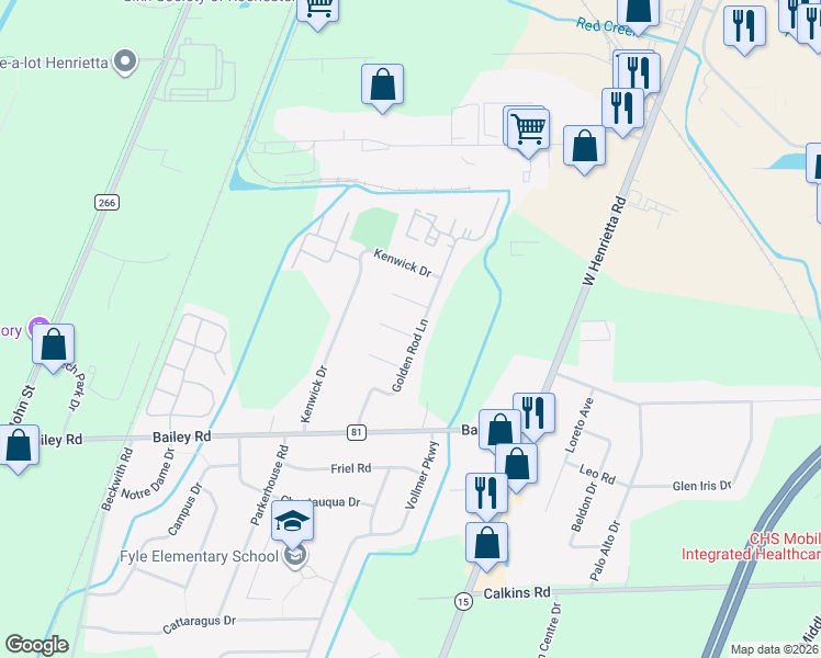 map of restaurants, bars, coffee shops, grocery stores, and more near 4 Green Ivy Circle in Rochester
