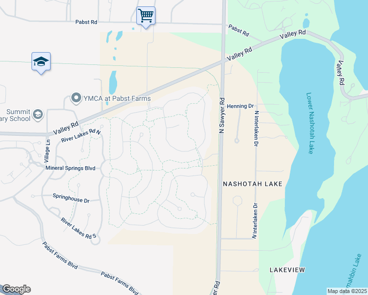 map of restaurants, bars, coffee shops, grocery stores, and more near 35166 Walleye Drive in Oconomowoc