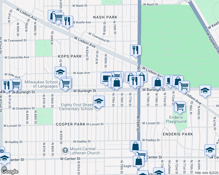 map of restaurants, bars, coffee shops, grocery stores, and more near 7834 West Burleigh Street in Milwaukee