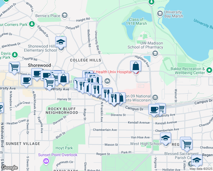 map of restaurants, bars, coffee shops, grocery stores, and more near 900 University Bay Drive in Madison
