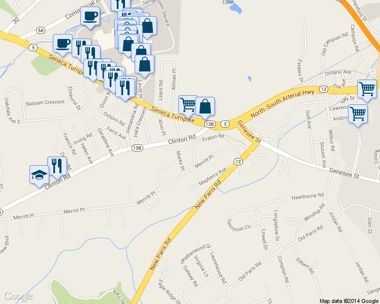 map of restaurants, bars, coffee shops, grocery stores, and more near 36 Evalon Rd in New Hartford
