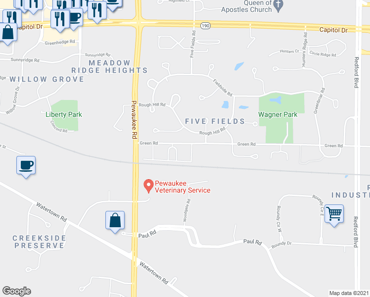 map of restaurants, bars, coffee shops, grocery stores, and more near n30w23789 Green Road in Pewaukee