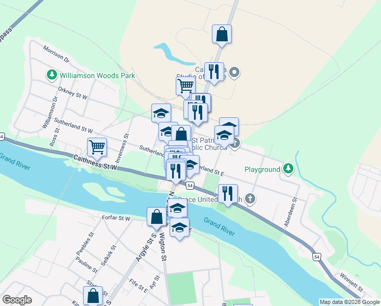 map of restaurants, bars, coffee shops, grocery stores, and more near 96 Argyle Street North in Caledonia