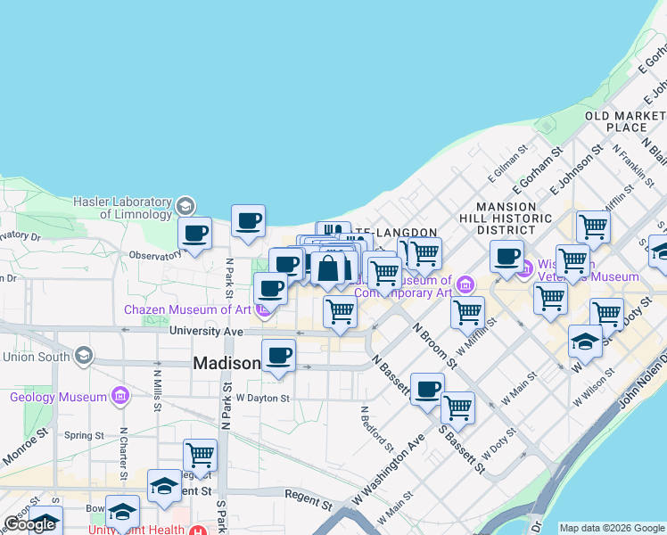 map of restaurants, bars, coffee shops, grocery stores, and more near 601 Langdon Street in Madison