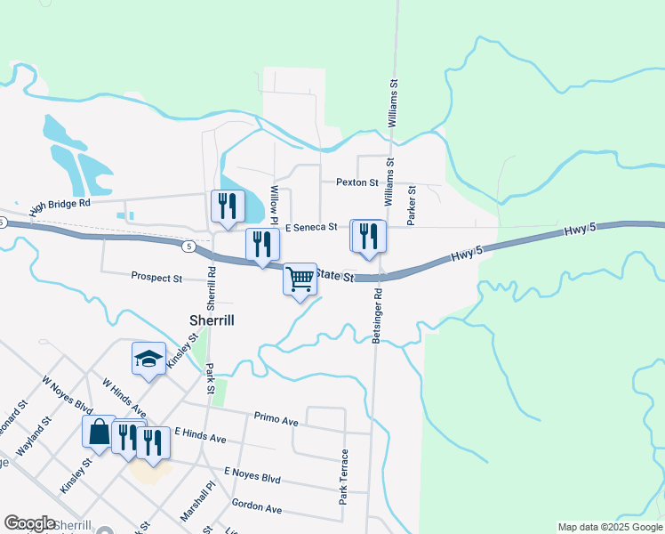map of restaurants, bars, coffee shops, grocery stores, and more near 122 East State Street in Sherrill