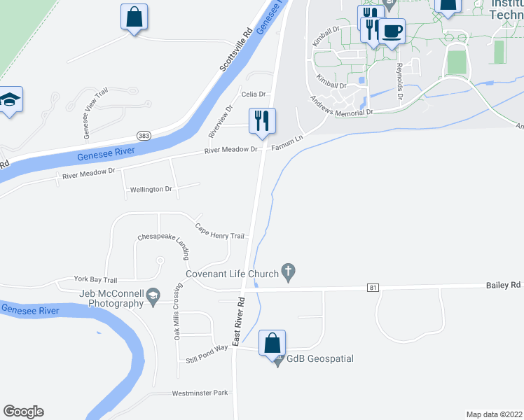 map of restaurants, bars, coffee shops, grocery stores, and more near 3440 East River Road in Rochester