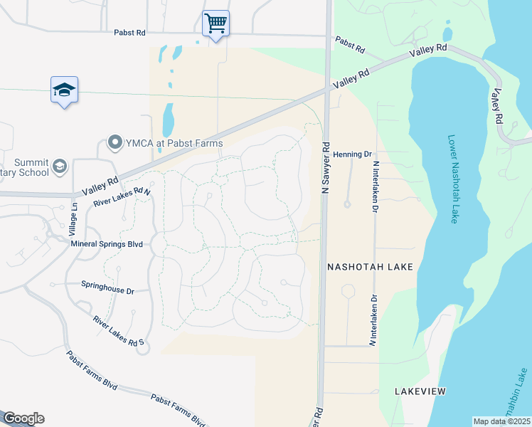 map of restaurants, bars, coffee shops, grocery stores, and more near 35166 Walleye Drive in Oconomowoc