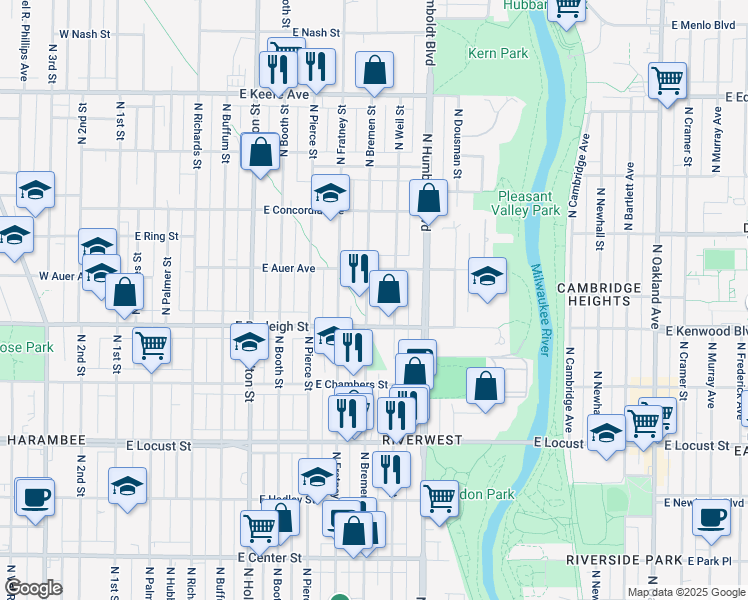 map of restaurants, bars, coffee shops, grocery stores, and more near 3136 North Bremen Street in Milwaukee